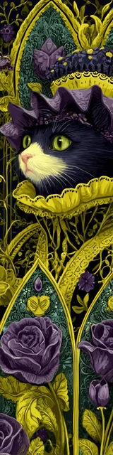 Cat bookmarks featuring a royal court cat in yellow and purple